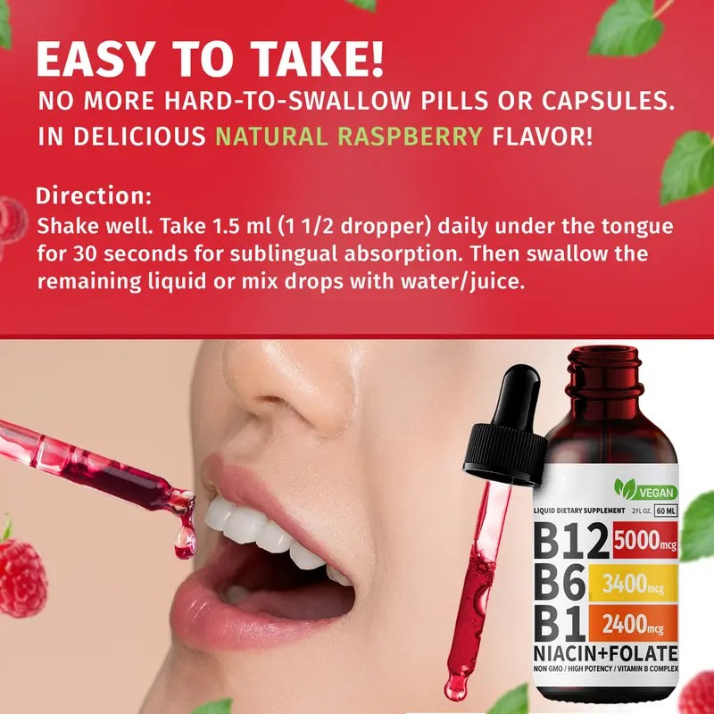 Vitamin B Complex Raspberry Liquid Supplement Drops 🍃