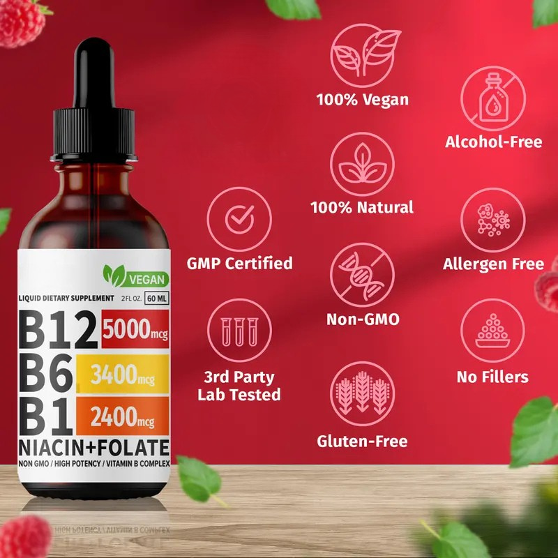 Vitamin B Complex Raspberry Liquid Supplement Drops 🍃