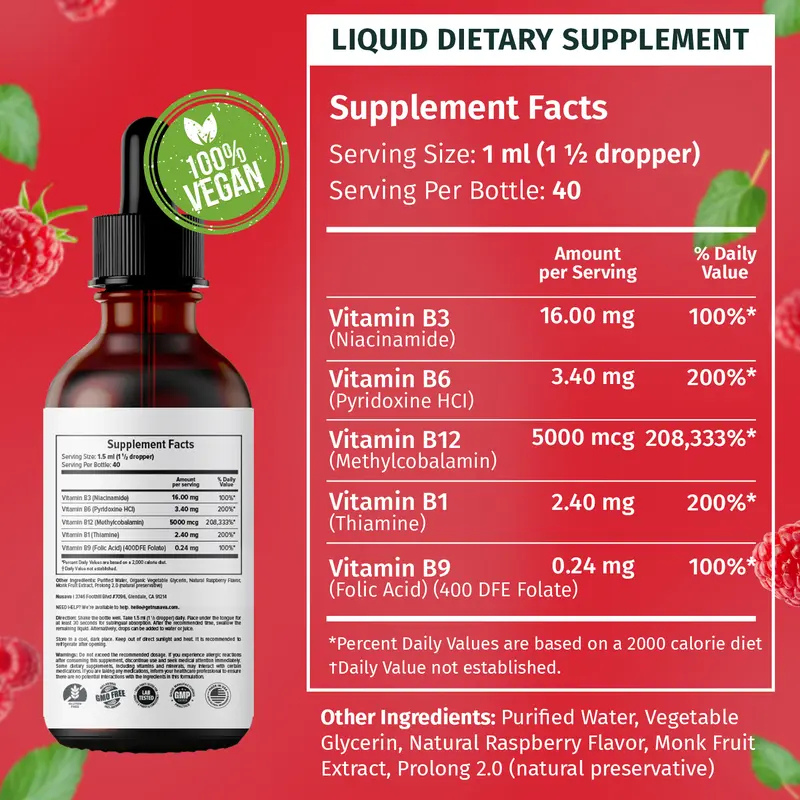 Vitamin B Complex Raspberry Liquid Supplement Drops 🍃