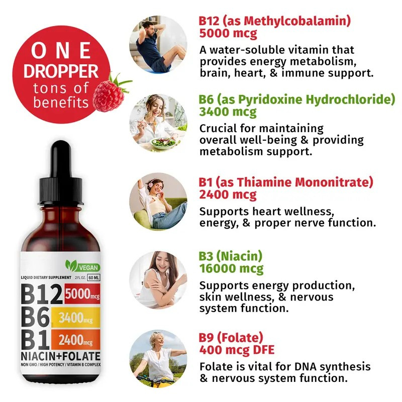 Vitamin B Complex Raspberry Liquid Supplement Drops 🍃
