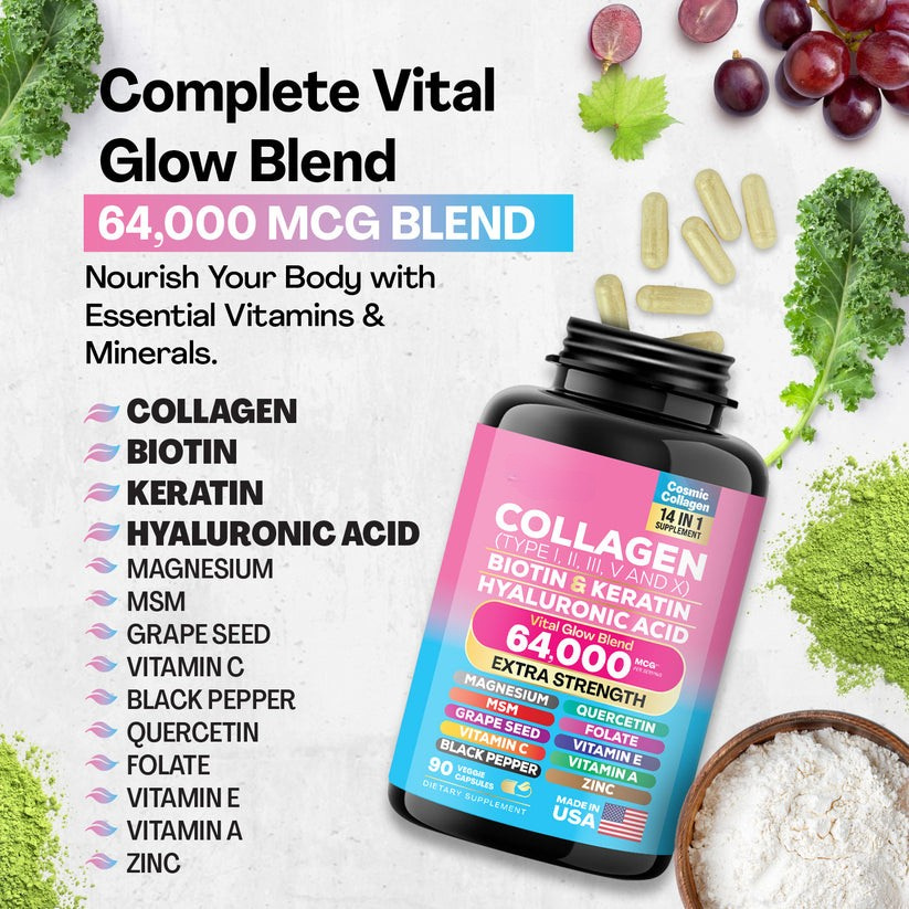Clenvital™ Collagen Supplement - Type I, II, III, V and X - with Biotin, Keratin, Hyaluronic Acid & 13+ Extra Strength Ingredients 🍃