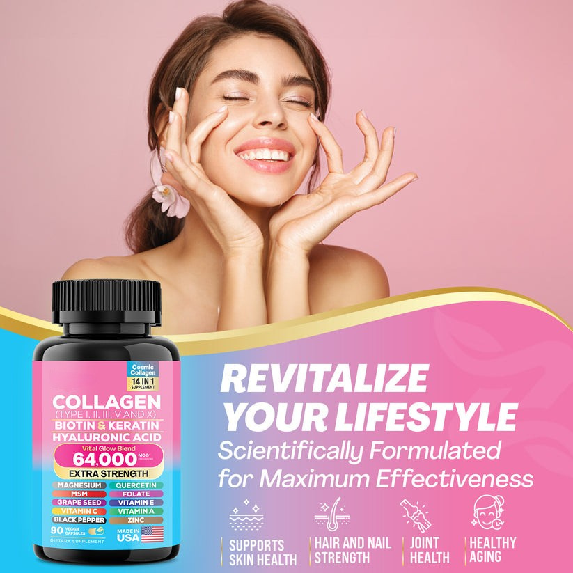 Clenvital™ Collagen Supplement - Type I, II, III, V and X - with Biotin, Keratin, Hyaluronic Acid & 13+ Extra Strength Ingredients 🍃