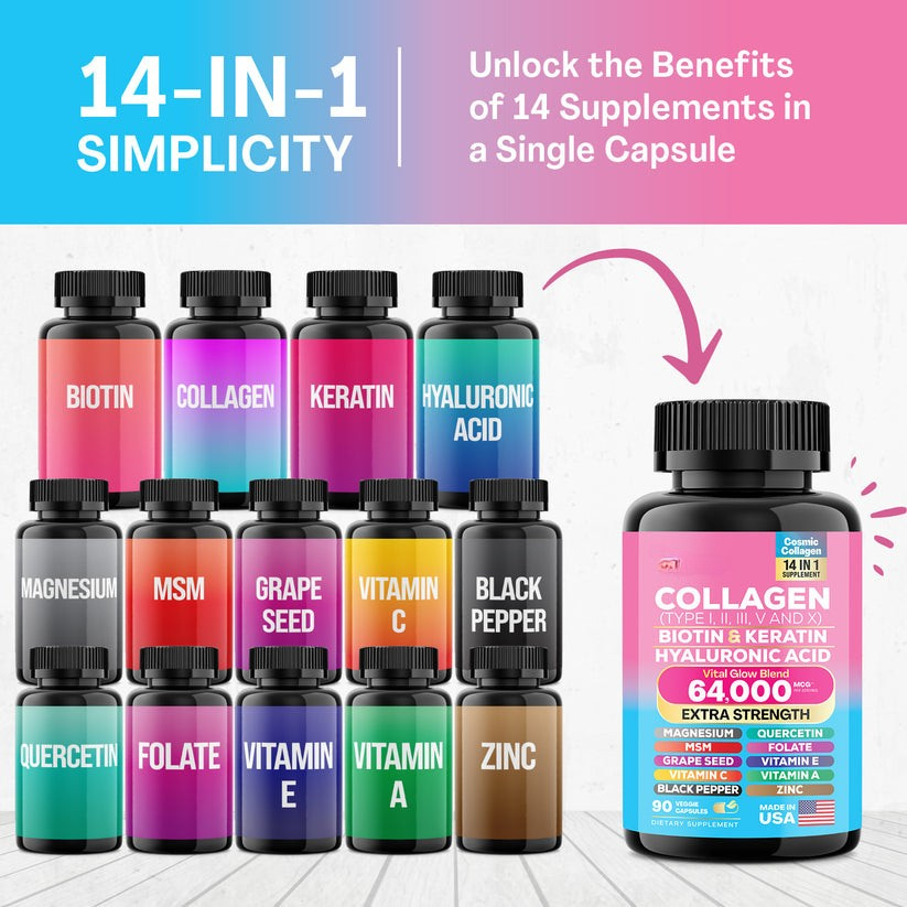Clenvital™ Collagen Supplement - Type I, II, III, V and X - with Biotin, Keratin, Hyaluronic Acid & 13+ Extra Strength Ingredients 🍃