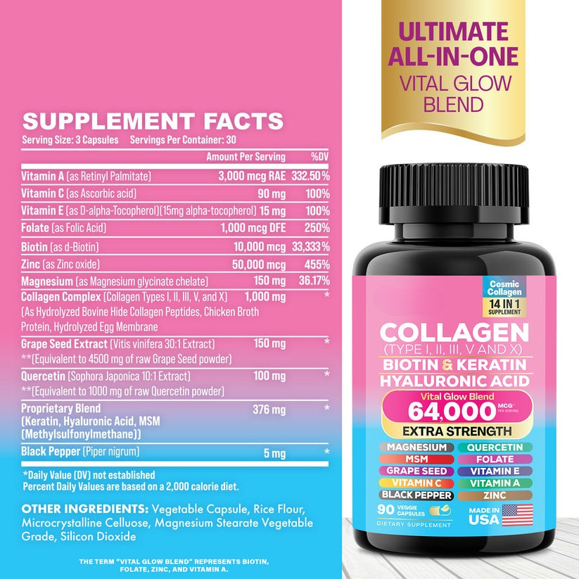 Clenvital™ Collagen Supplement - Type I, II, III, V and X - with Biotin, Keratin, Hyaluronic Acid & 13+ Extra Strength Ingredients 🍃