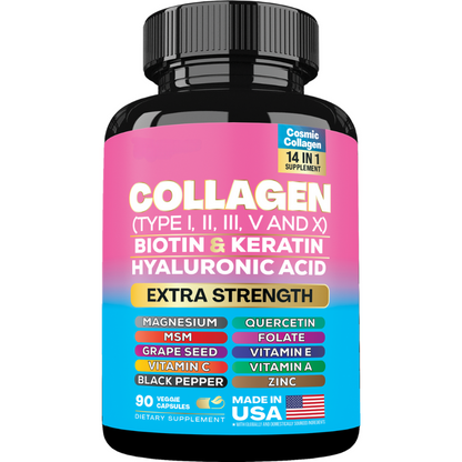 Clenvital™ Collagen Supplement - Type I, II, III, V and X - with Biotin, Keratin, Hyaluronic Acid & 13+ Extra Strength Ingredients 🍃
