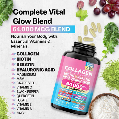 Clenvital™ Collagen Supplement - Type I, II, III, V and X - with Biotin, Keratin, Hyaluronic Acid & 13+ Extra Strength Ingredients 🍃